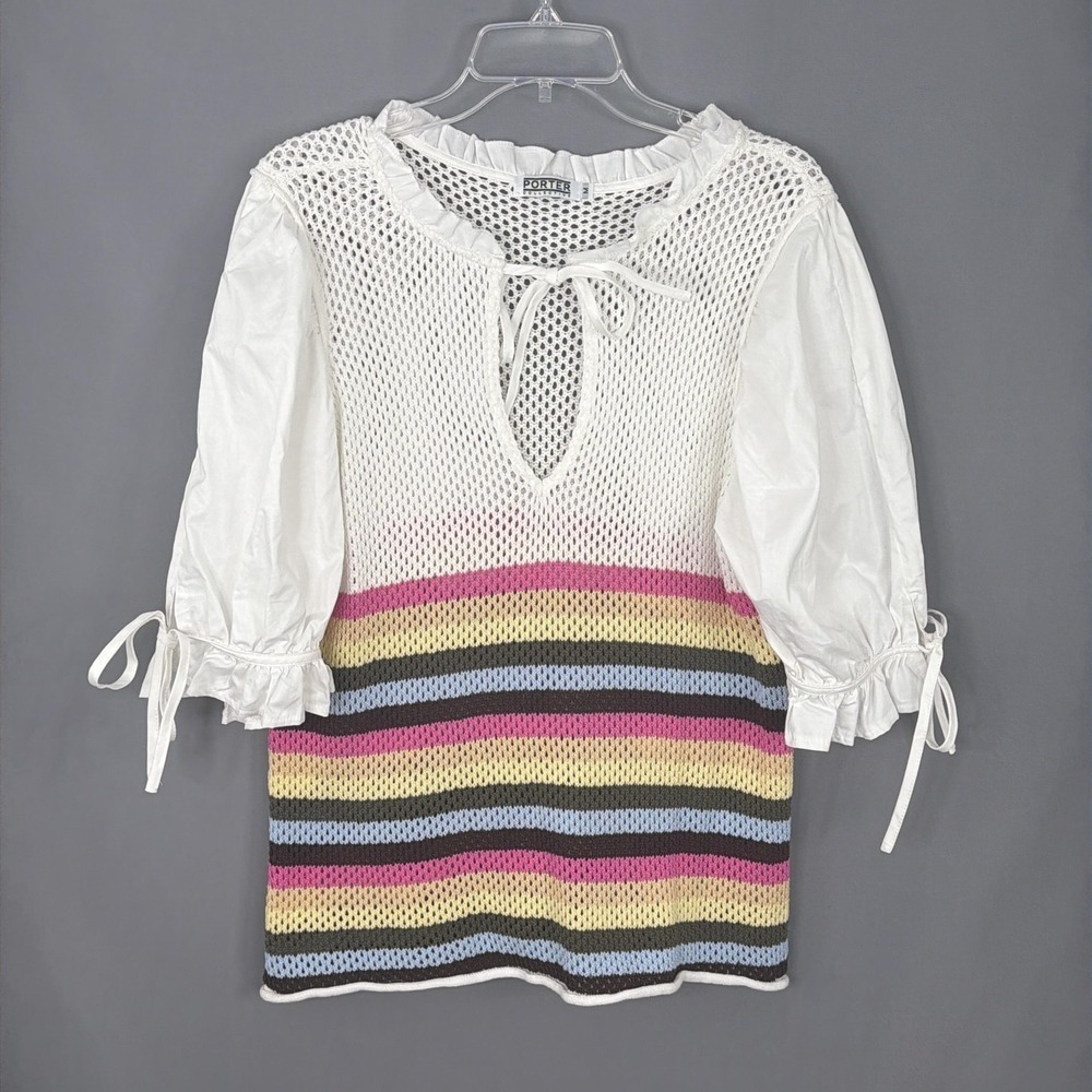 Porter Collective Top Women Medium White Crochet Puff Sleeve Boho Peasant Hippie